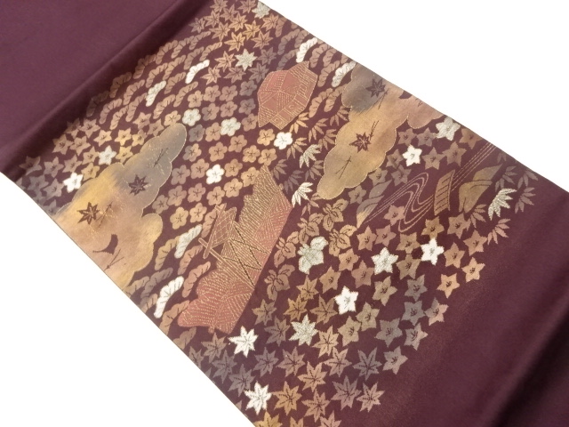 松竹梅に雲取り・民家模様織出し開き名古屋帯（額縁仕立て）